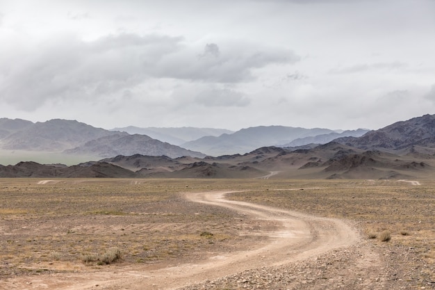 Tortuosa strada sterrata attraverso lussureggianti colline della steppa mongola centrale. Altai mongolo