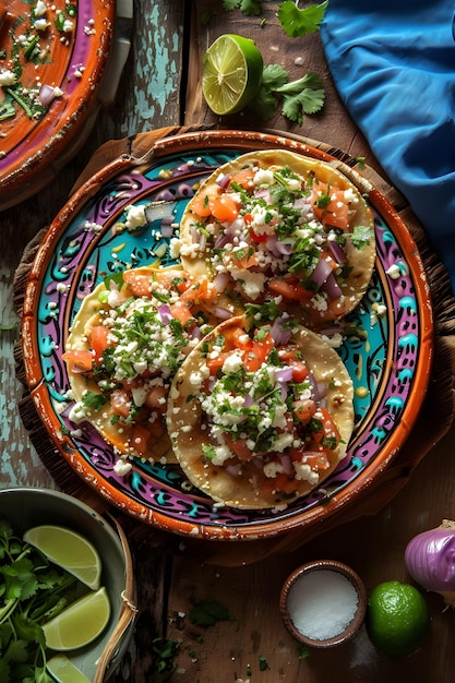 Tostada Fiesta Toppings fresche su un colorato piatto di ceramica popolare