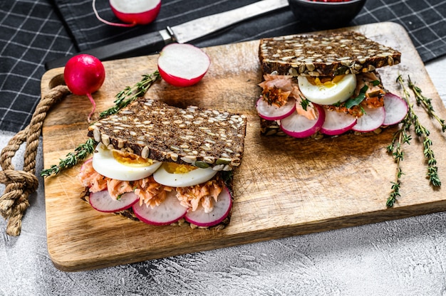 Tosti dal pane del grano con i salmoni affumicati caldi, l'uovo e il ravanello., Vista superiore.