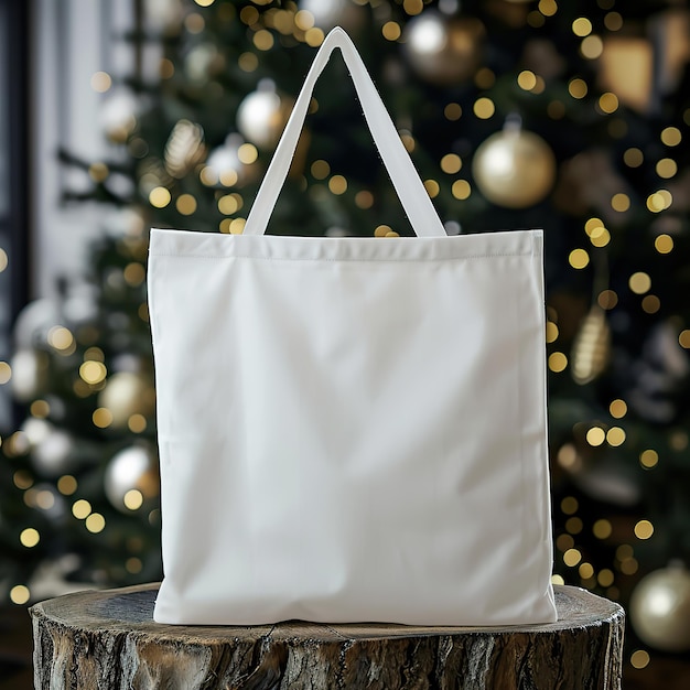 Tote Bag in scena natalizia Mockup vuoto con albero di Natale