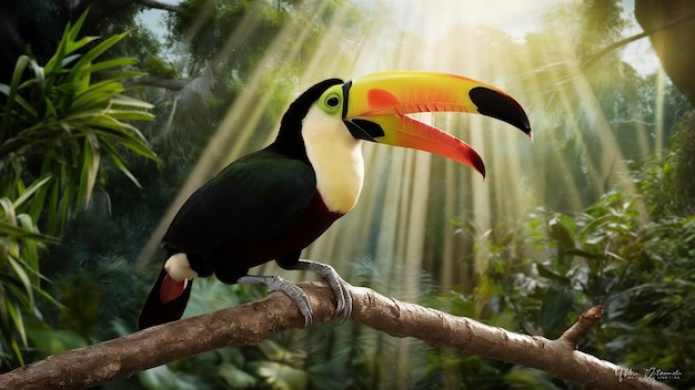 Toucan si siede su un ramo di fauna selvatica e uccelli concetto