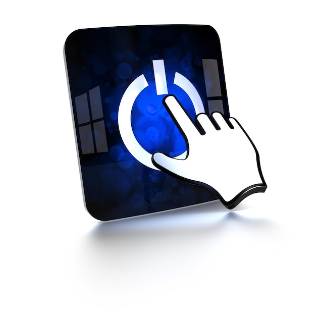 Touchscreen blu 3d con la mano del computer che lo tocca con riflessi su sfondo bianco