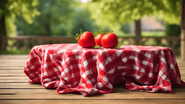 Tovaglia a quadri rossa su sfondo di legno con concetto di picnic estivo di sfocatura del cortile verde