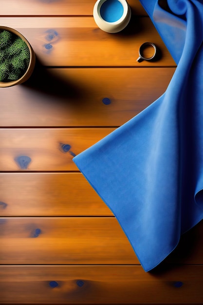 tovaglia blu sulla vista del piano del tavolo in legno
