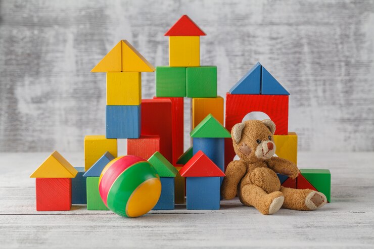 Toy Blocks City, Baby House Building Bricks, Kids Cubic in legno su muro bianco