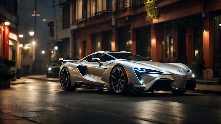 Foto toyota super car davanti agli edifici immagine di sfondo