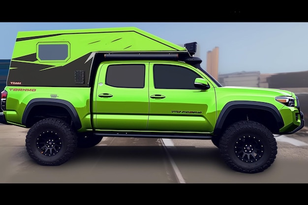 Toyota tacoma verde con un camper in cima
