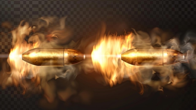 Tracce di fumo isolate da proiettili sparati su uno sfondo trasparente Moderno set realistico di proiettile 3D in ottone e pellet con effetto di movimento da un'arma
