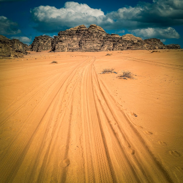 Tracce di pneumatici sulla sabbia del deserto del wadi rum