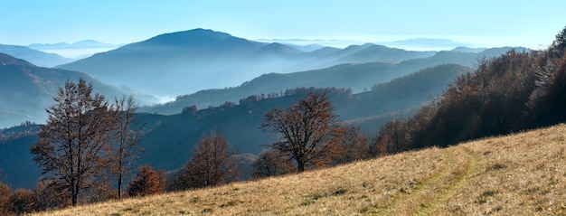 Tracce di ruote in pendenza. Panorama di montagna nebbioso autunnale.