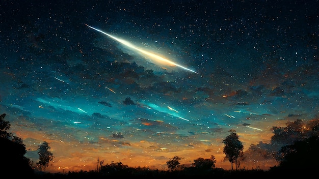 Tracce di stelle meteoriche sul cielo notturno sfondo fantasia arte digitale stile illustrazione design