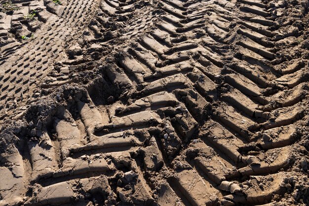 Tracce di un trattore o di altri macchinari di grandi dimensioni sul terreno in campo