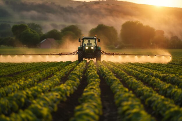 Tractor agricolo che spruzza fertilizzanti o pesticidi su campi agricoli