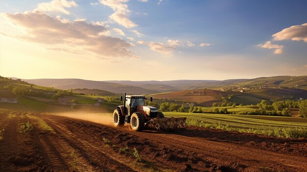 Tractor che arata pittoreschi terreni agricoli all'alba