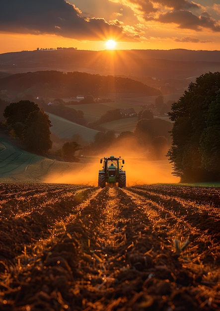 Tractor che aria il terreno per seminare e raccogliere materie prime agricoltura ecologica