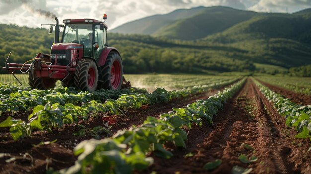 Tractor che aria un campo con montagne