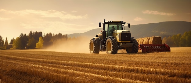 Tractor che aria un campo di grano