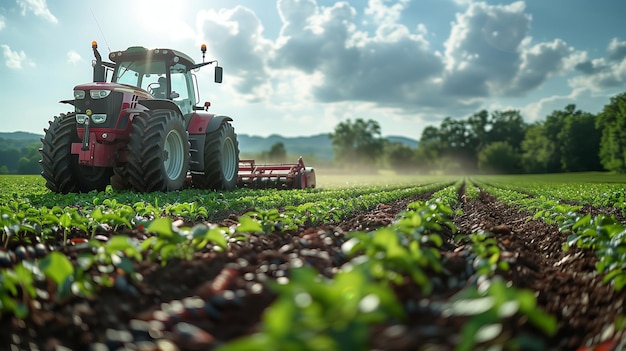 Tractor che attraversa un campo di colture