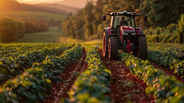 Tractor che attraversa un campo di colture