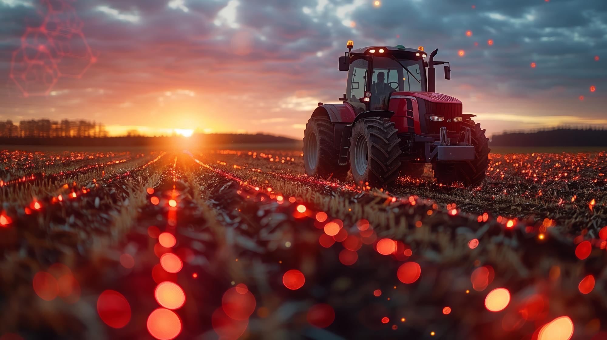 Tractor che lavora nel campo al tramonto