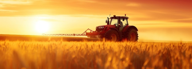 Tractor che lavora nel campo di grano al tramonto