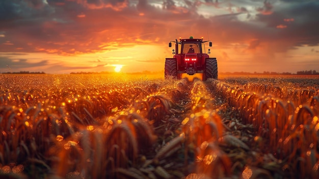 Tractor che spruzza pesticidi su un campo di soia con fiori al tramonto