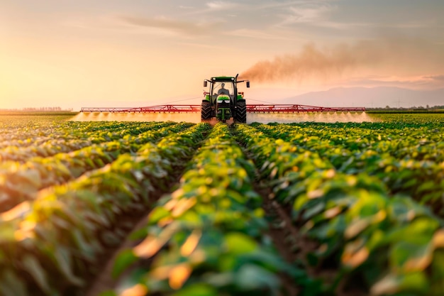 Tractor che spruzza pesticidi su un campo di soia con lo spruzzatore in primavera