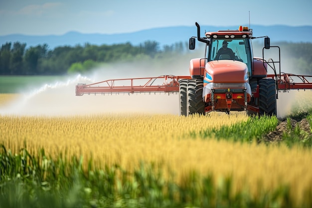 Tractor che spruzza pesticidi sul campo di grano