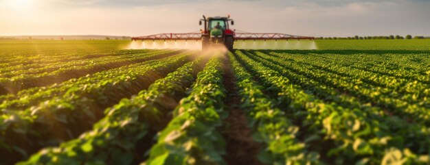 Tractor che spruzza pesticidi sul campo