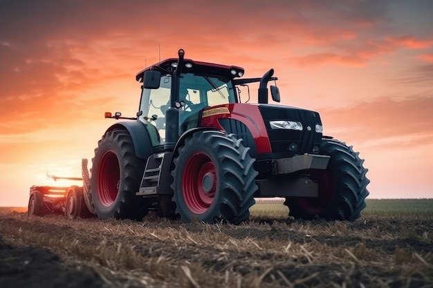 Tractor moderno che lavora in un campo al tramonto macchine generative AI