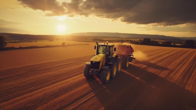 Tractor pianta un campo all'alba concetto di produttività e produttività dell'agricoltura