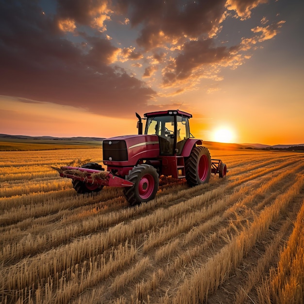 Tractor rosso in un campo di grano dorato durante il tramonto