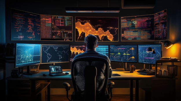 Traders monitorano le tendenze del mercato azionario su più schermi con grafici e grafici Generative AI