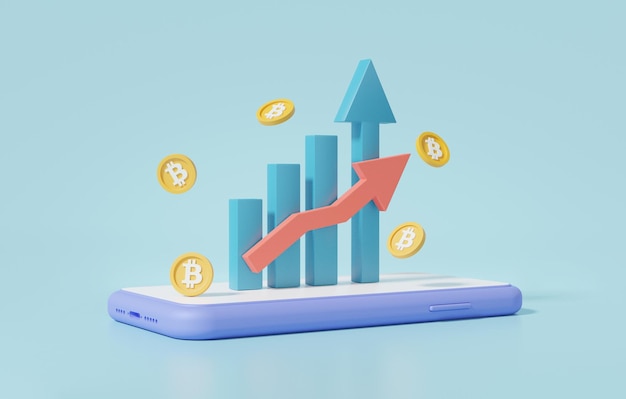 Trading di criptovaluta o bitcoin acquistare vendere con finanza mobile business investimenti crescita statistiche concetto di scambio banner scambio su sfondo blu 3d rendering illustrazione