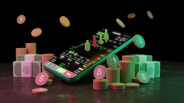 Trading di criptovalute o bitcoin su smartphone e crescita Investimento di informazioni sui dati di borsa. concetto di commerciante. rendering 3D.
