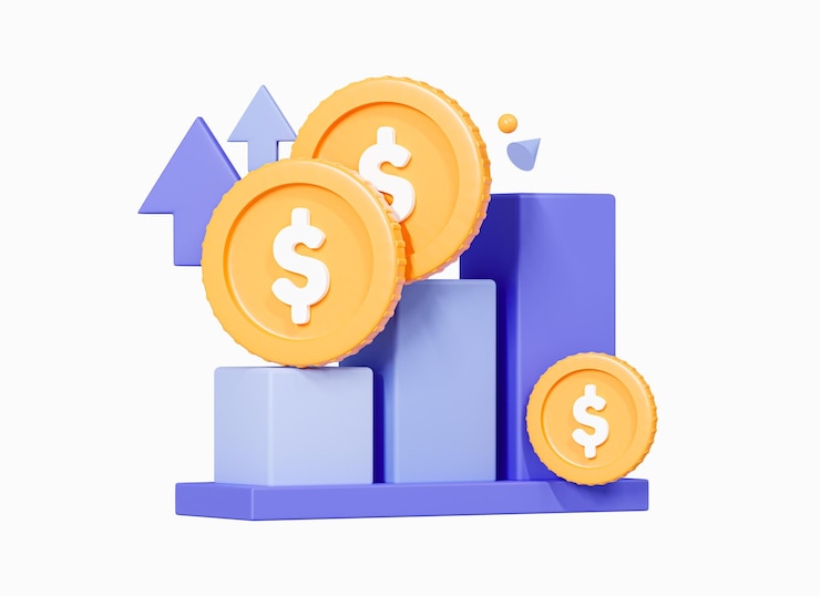Trading finanziario aziendale 3D con grafico di crescita del dollaro