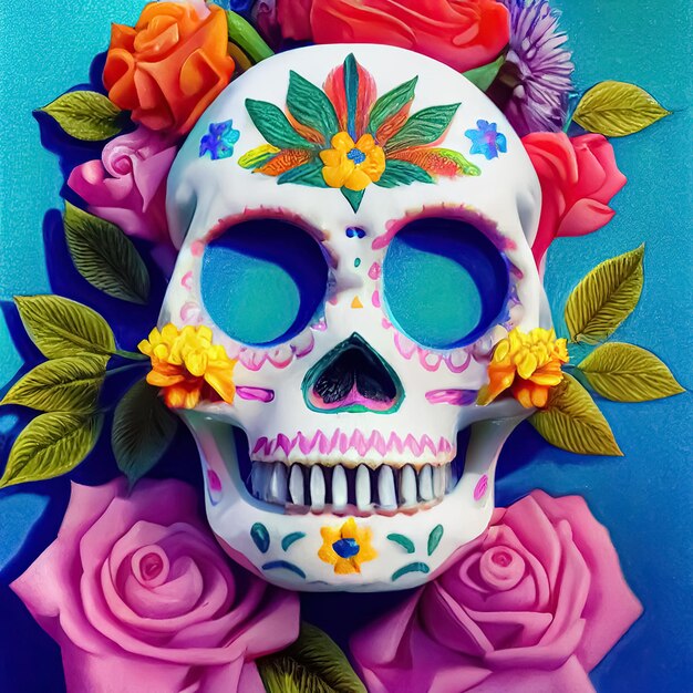 Tradizionale Calavera Sugar Skull decorato con fiori Il giorno dei morti Dia de los Muertos