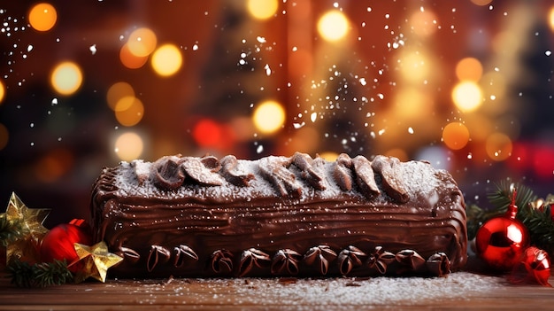 Tradizionale ceppo di torta Yule al cioccolato di Natale con decorazioni festive su sfondo di legno