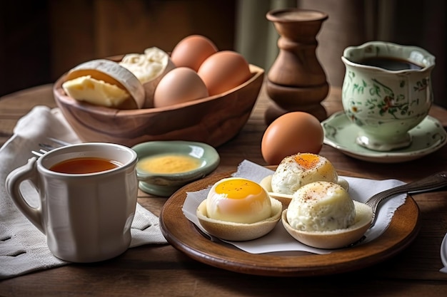 Tradizionale colazione colombiana a base di uova, formaggio e caffè con pastelli creati con l'IA generativa