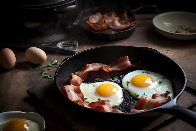 Tradizionale colazione inglese con uova fritte e pancetta in padella di ghisa su sfondo di legno scuro Vista dall'alto AI generato