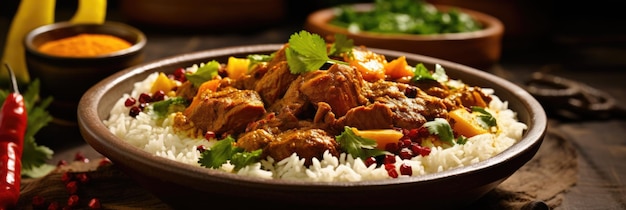 Tradizionale curry arabo Closeup di riso Basmati pollo carne di manzo peperoncino e cilantro su asiatico