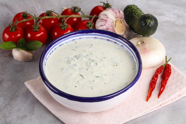 Tradizionale delizioso antipasto greco tzatziki Nome turco cacik yogurt con cetriolo