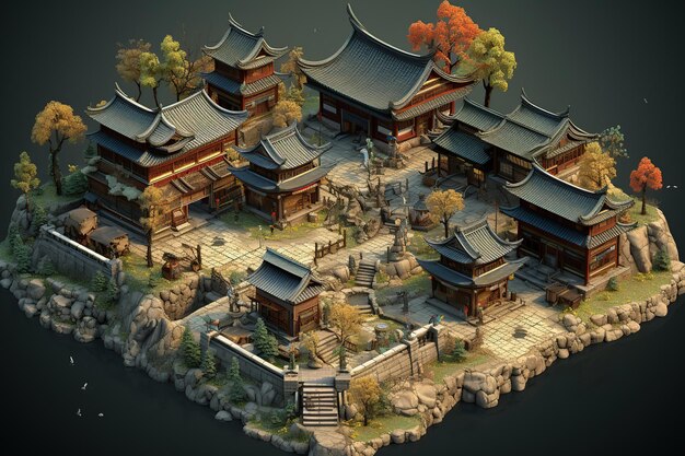 Tradizionale diorama isometrico di un villaggio asiatico in rendering 3D