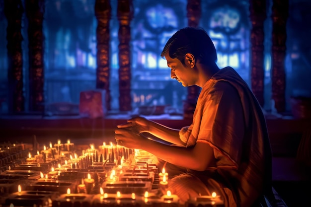 Tradizionale Diwali Puja nel tempio a lume di candela