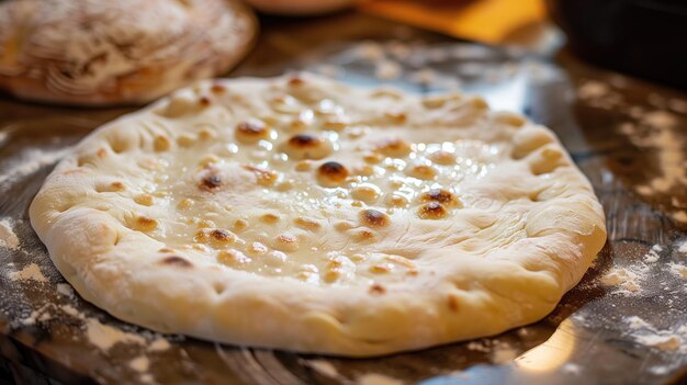 Tradizionale khachapuri georgiano su un rustico tavolo di legno