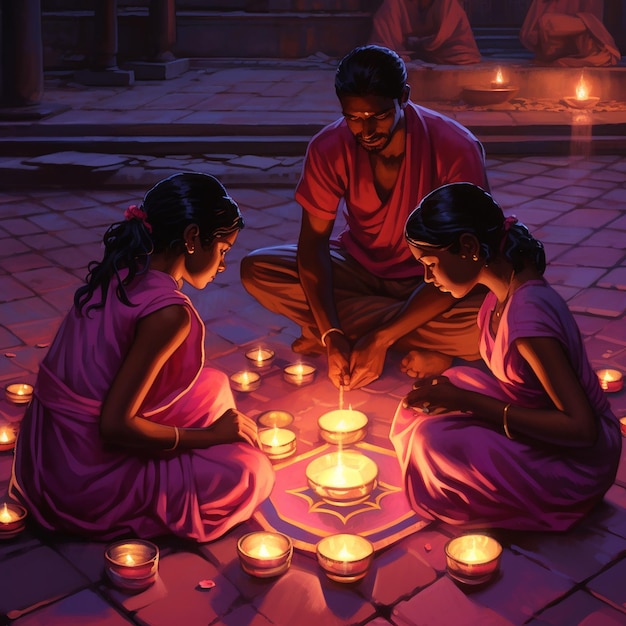 Tradizionale lampada a olio di famiglia indiana che celebra Happy Diwali illustrazione di cartoni animati