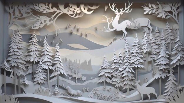 Tradizionale opera d'arte natalizia intagliata su carta con un paesaggio innevato IA generativa