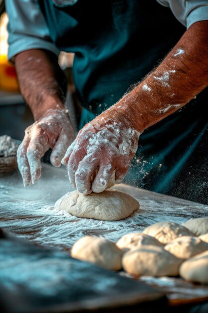 Tradizionale panettiere che impastano e modellano l'impasto in un ambiente di cibo di strada