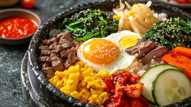 Tradizionale piatto coreano Bibimbap con carne di manzo, verdure di stagione, kimchi e uova in pietra nera