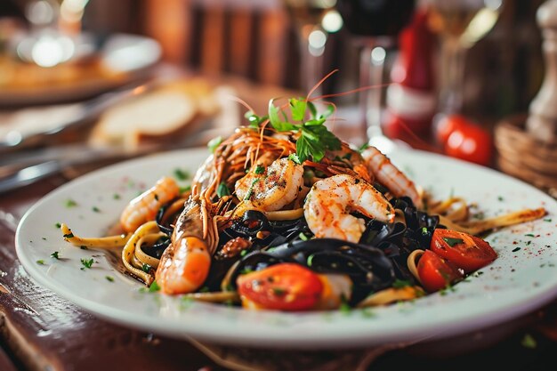 Tradizionale piatto italiano tagliatelle nere con frutti di mare